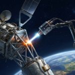 Représentation artistique d'un système de maintenance automatisé intervenant sur un satellite en orbite terrestre