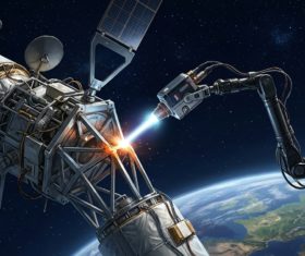Représentation artistique d'un système de maintenance automatisé intervenant sur un satellite en orbite terrestre