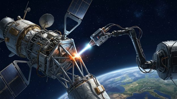 Représentation artistique d'un système de maintenance automatisé intervenant sur un satellite en orbite terrestre